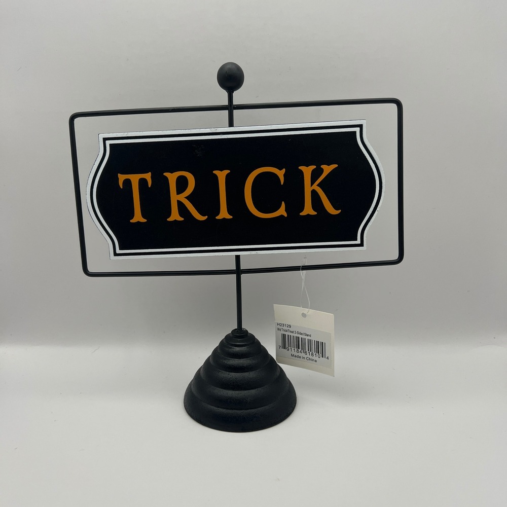 Halloween Trick or Treat 2-Sided Wood Metal Stand Tabletop Sign Black